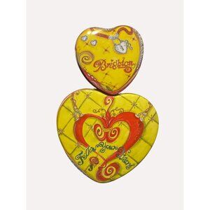 2 Brighton Heart-Shaped 2 Tin Boxes  Decorative Designs Yellow & Pink Metal